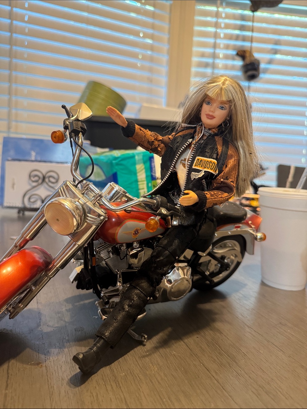 Harley-Davidson Black and Orange Barbie Doll Jacket on Motorcycle - Picture 4 of 13